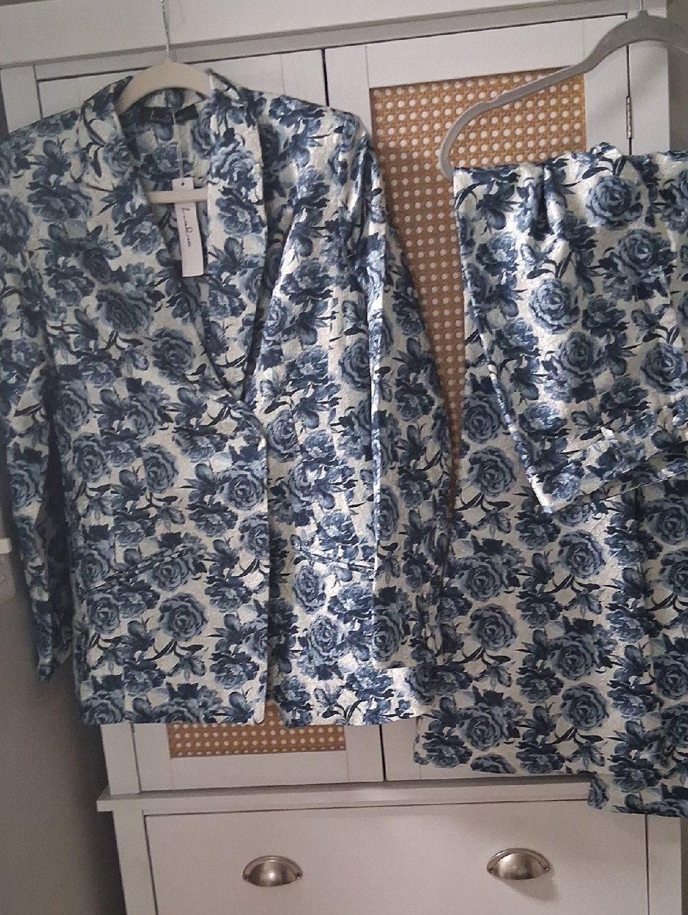 Luxe Blue and White Floral Pantsuit Jacket & Flaref Pants